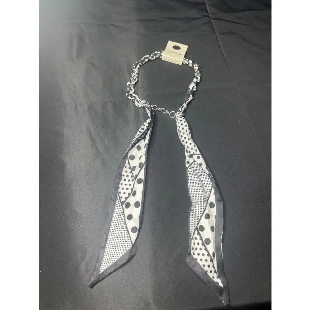 New Twilly Bag Charm Chain Scarf Necklace with Black & White Polka Dot Ties